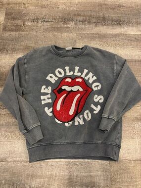 Zara Gray Sweatshirt with Red Rolling Stones Tongue Rhinestone Graphic